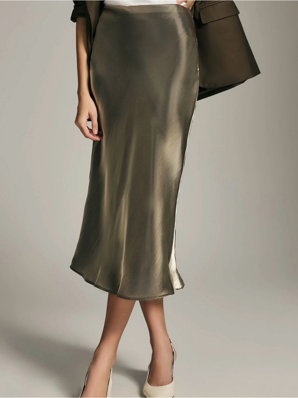 Anthropologie Olive Satin Bias-Cut Midi Skirt